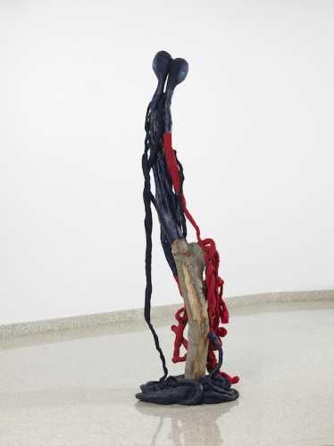 Dual (2), 2012. White pencil, acrylic, papier-mâché, fabric, wood. 83x27.5x30 - 210x70x77 cm
