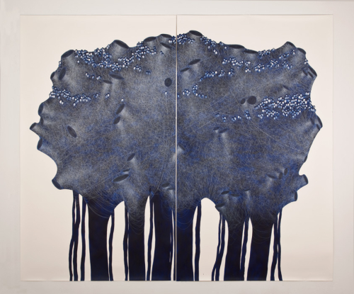 Untitled (05), 2013. White pencil, acrylic, canvas. 74.5x87.5 - 189x222 cm