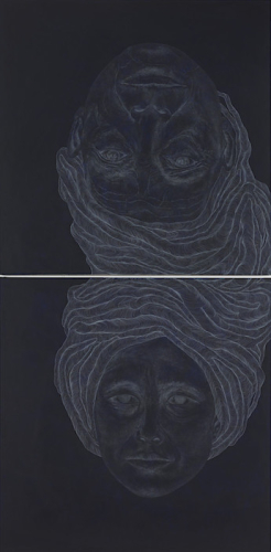 Worlds (1), 2014. White pencil, acrylic, paper on linen. 97x48 - 246.4x122 cm