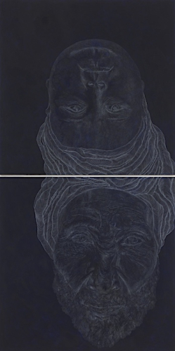 Worlds (2), 2014. White pencil, acrylic, paper on linen. 97x48 - 246.4x122 cm
