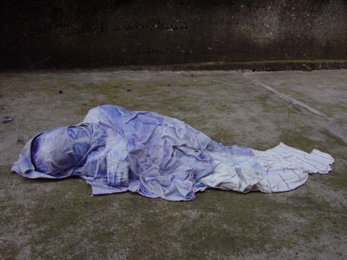 Being Fading Out, 2004.Colored pencil, acrylic, fabric, papier-mâché. 10x20x44 in - 24x50x110 cm 