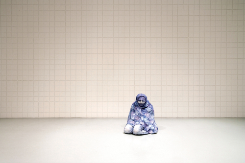 Being Staring at Something, 2004. Colored pencil, acrylic, fabric, papier-mâché. Background: blue pencil. 25x22x23 in - 63x56x58  cm