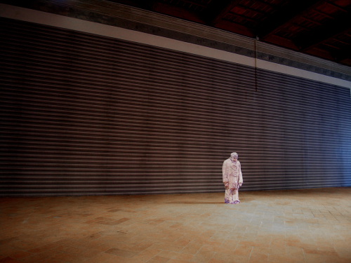 Flat Line, 2005. Colored pencil, acrylic, fabric, papier-mâché, wall paper.  48x20x15 in - 118x 50x 38 cm. Background: variable dimension