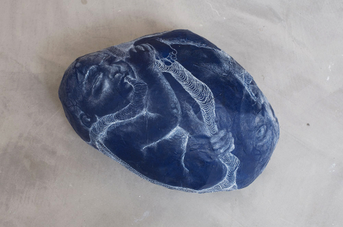 Twins (2), 2009. White pencil, acrylic, fabric, papier-mâché. 6x8x11 in - 16x20x27 cm