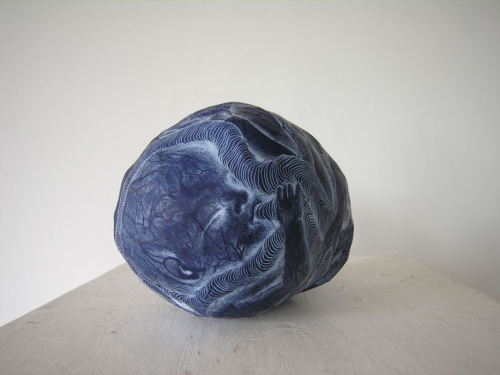 Twins (1), 2008. White pencil, acrylic, fabric, papier-mâché.7x7x11 in - 18x18x27 cm